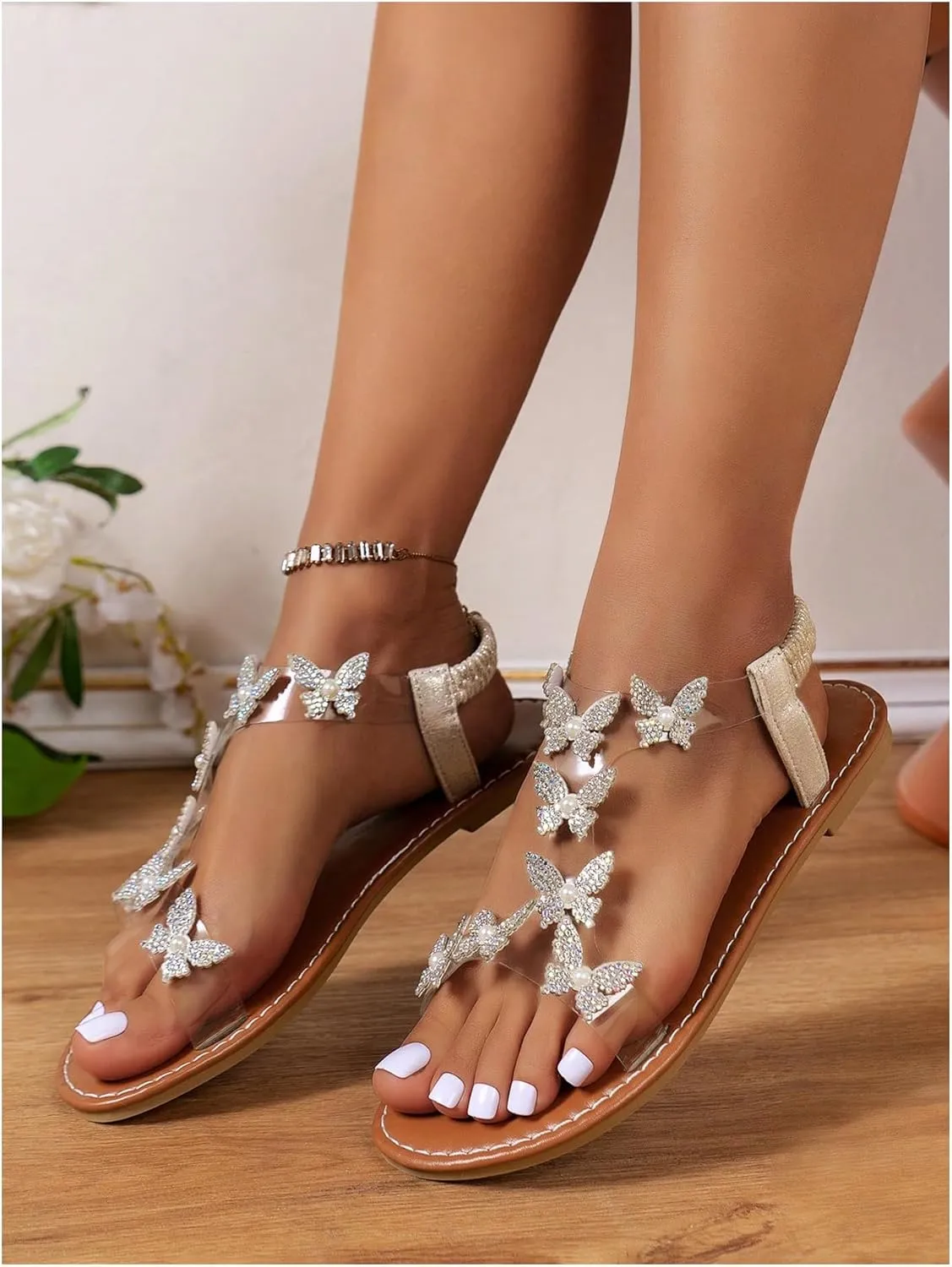 GORGLITTER Women's Butterfly Strappy Clear Glitter Ankle Sandals Dressy 2025 Cute Summer Wedding Bridal Flats Sandal