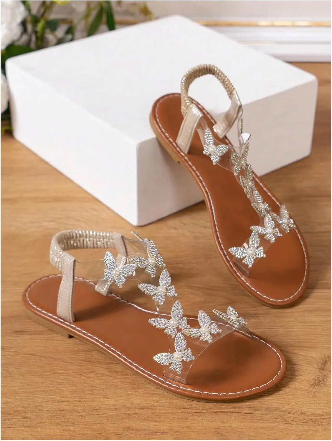 GORGLITTER Women's Butterfly Strappy Clear Glitter Ankle Sandals Dressy 2025 Cute Summer Wedding Bridal Flats Sandal