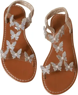 GORGLITTER Women's Butterfly Strappy Clear Glitter Ankle Sandals Dressy 2025 Cute Summer Wedding Bridal Flats Sandal