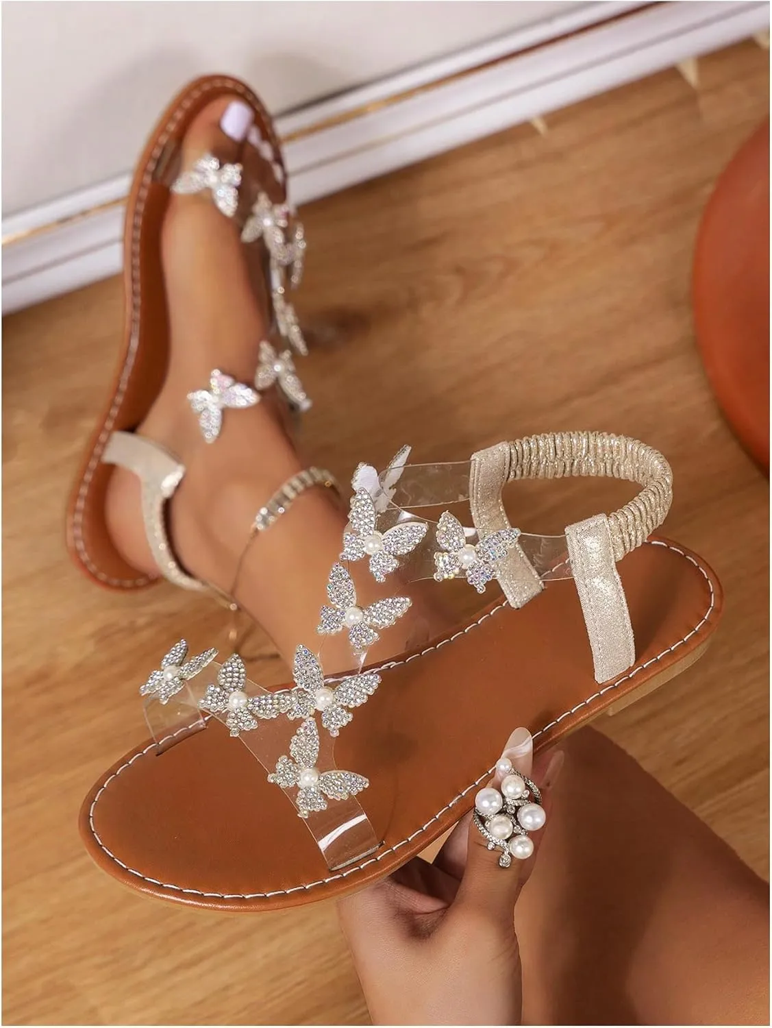 GORGLITTER Women's Butterfly Strappy Clear Glitter Ankle Sandals Dressy 2025 Cute Summer Wedding Bridal Flats Sandal