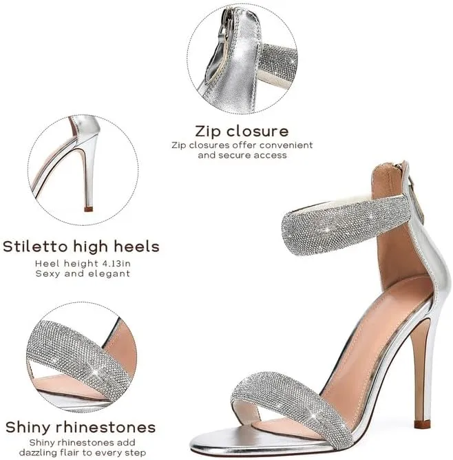 GOSERCE Women's Ankle Strap Stiletto Heels Sandals With Rhinestone Back Zipper Round Open Toe High Heels Prom Party Sexy Heeled Sandals