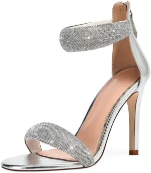 GOSERCE Women's Ankle Strap Stiletto Heels Sandals With Rhinestone Back Zipper Round Open Toe High Heels Prom Party Sexy Heeled Sandals