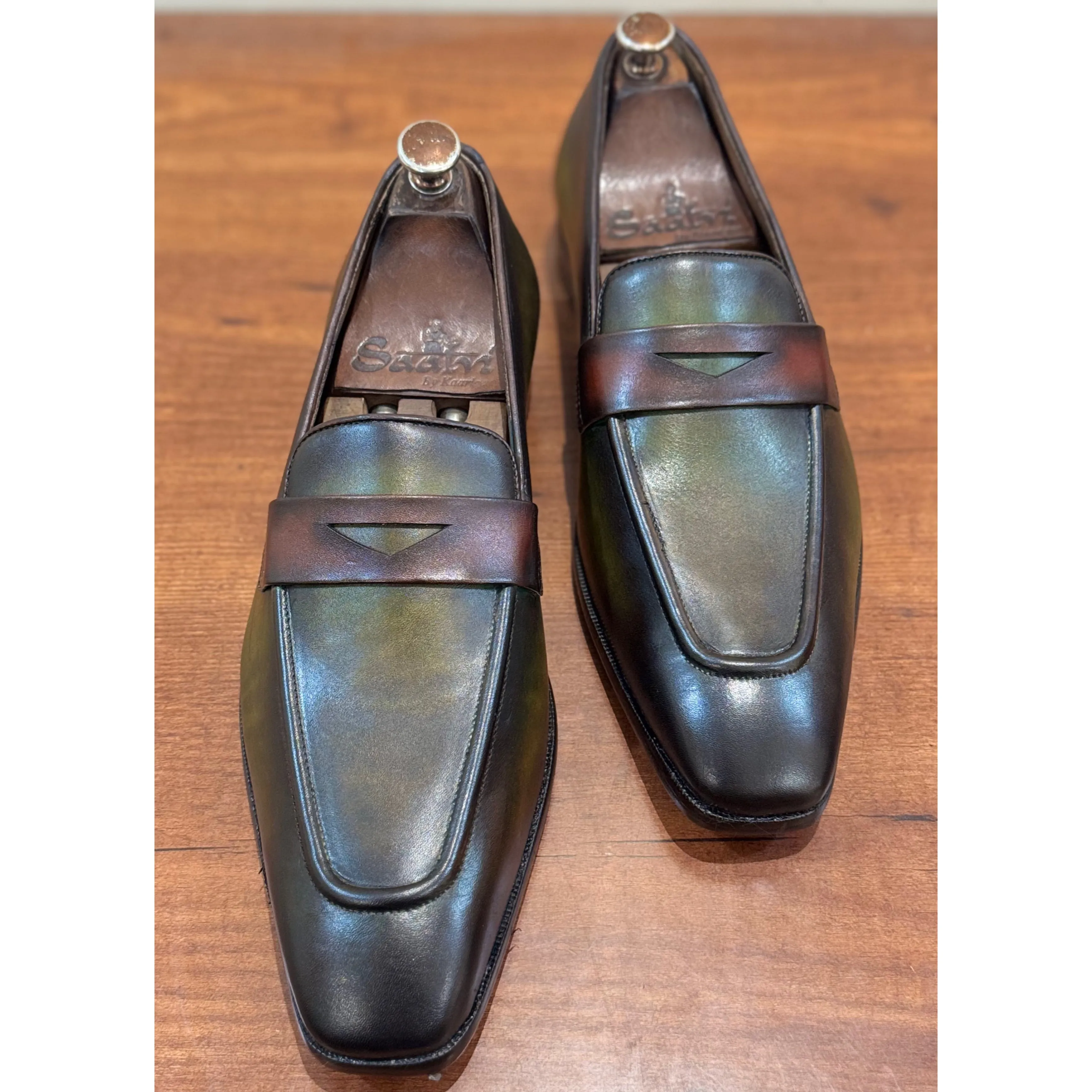 Green Hand Patina Penny Loafers