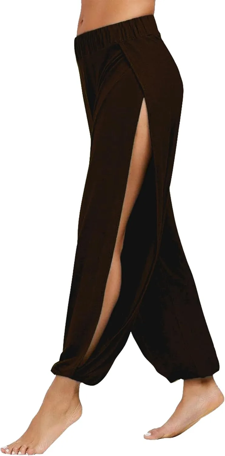Harem Pants for Women Double High Slit Leg Flowy Yoga Pant Pilates Dance Hippie Wrap Beach Cover-Up Pants