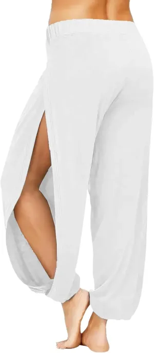 Harem Pants for Women Double High Slit Leg Flowy Yoga Pant Pilates Dance Hippie Wrap Beach Cover-Up Pants