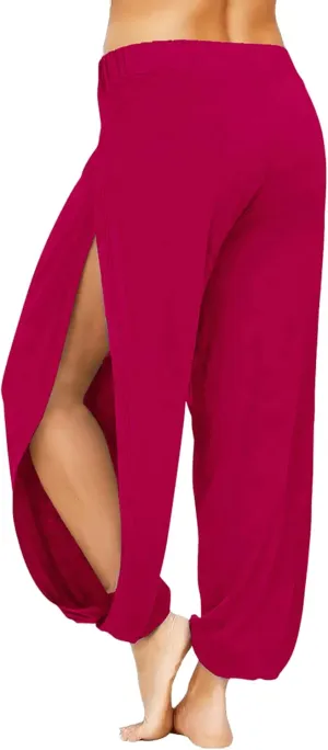 Harem Pants for Women Double High Slit Leg Flowy Yoga Pant Pilates Dance Hippie Wrap Beach Cover-Up Pants