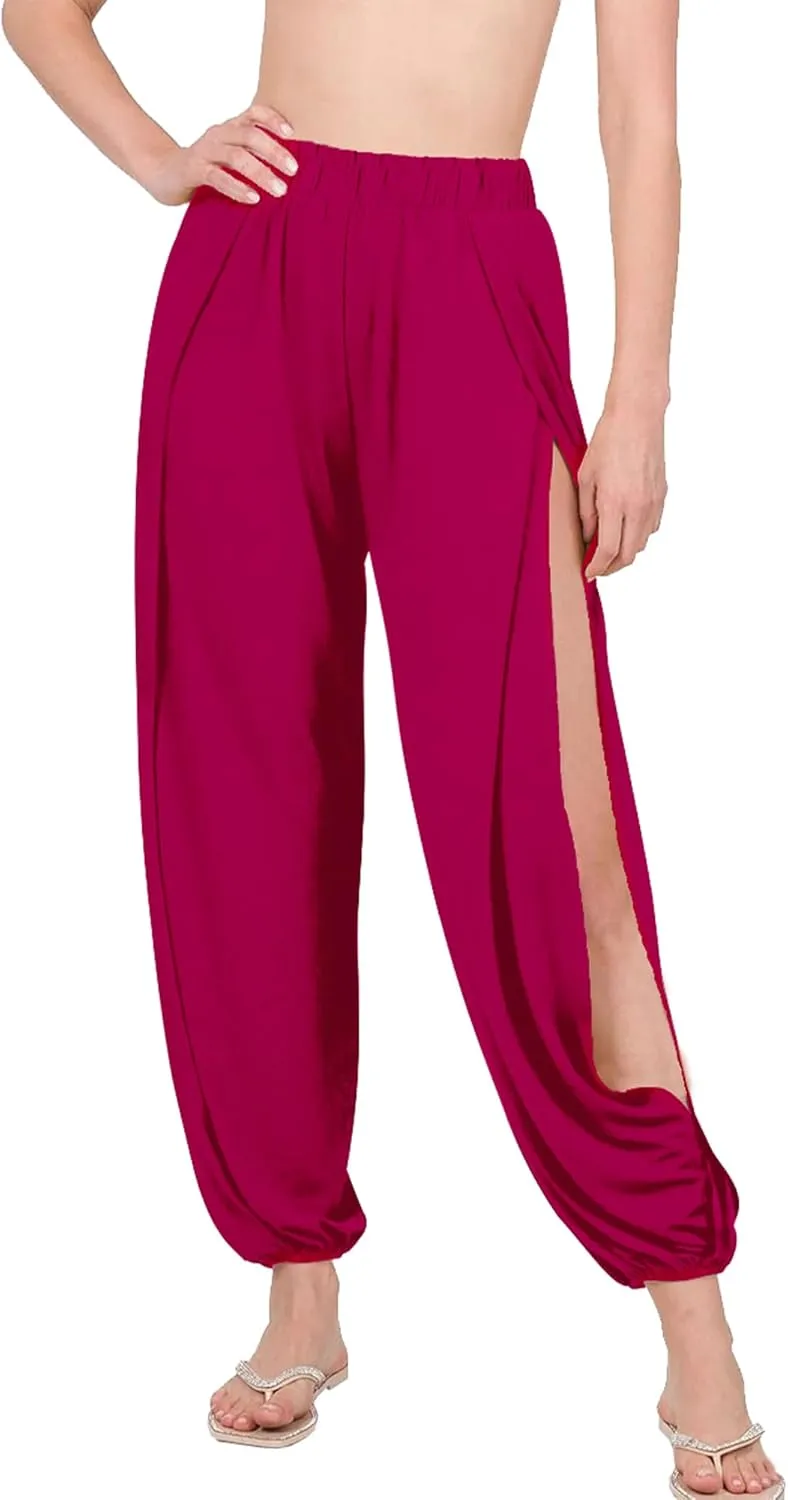 Harem Pants for Women Double High Slit Leg Flowy Yoga Pant Pilates Dance Hippie Wrap Beach Cover-Up Pants