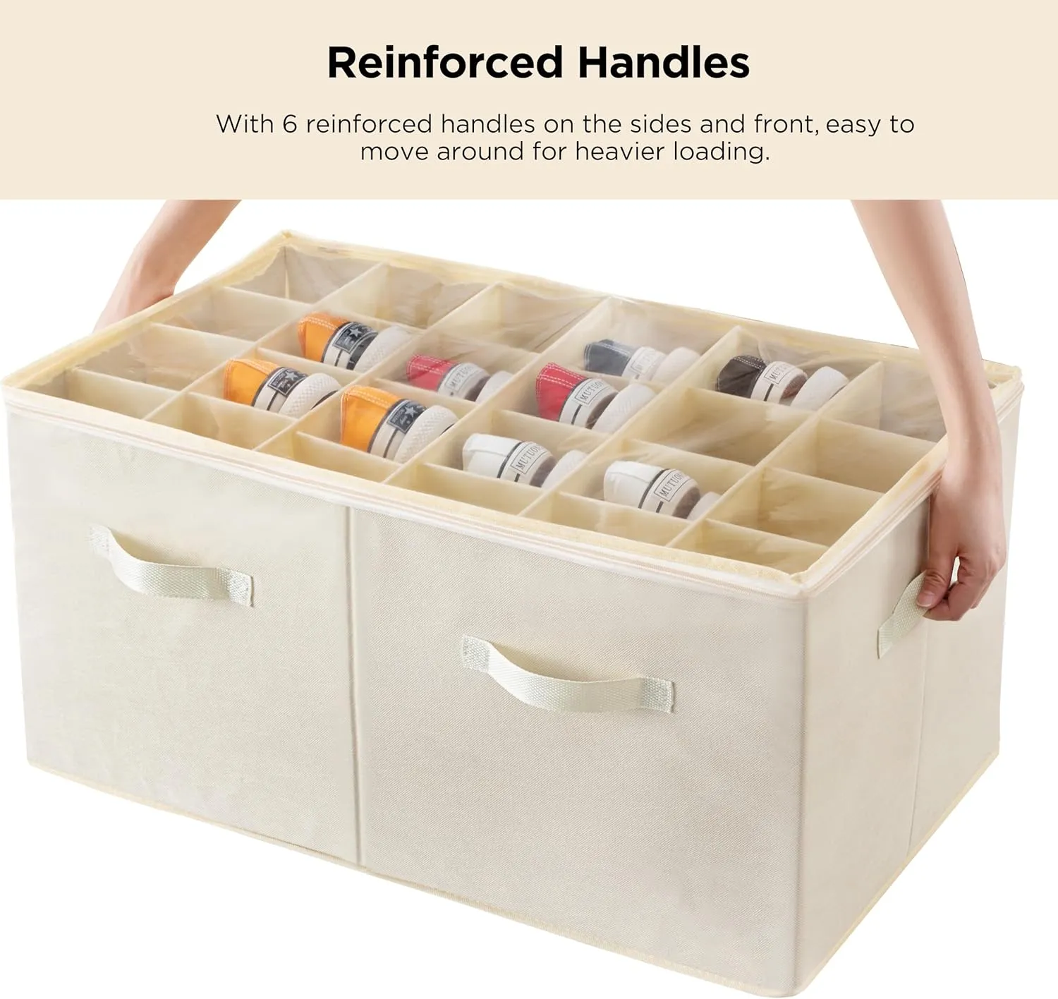 HBlife 2 Pack Shoe Organizer for Closet Large Foldable Shoe Storage Box Bin Containers with Clear Cover and Adjustable Dividers, Stackable Space Saving Shoes Holder, Fits 24 Pairs(Beige)
