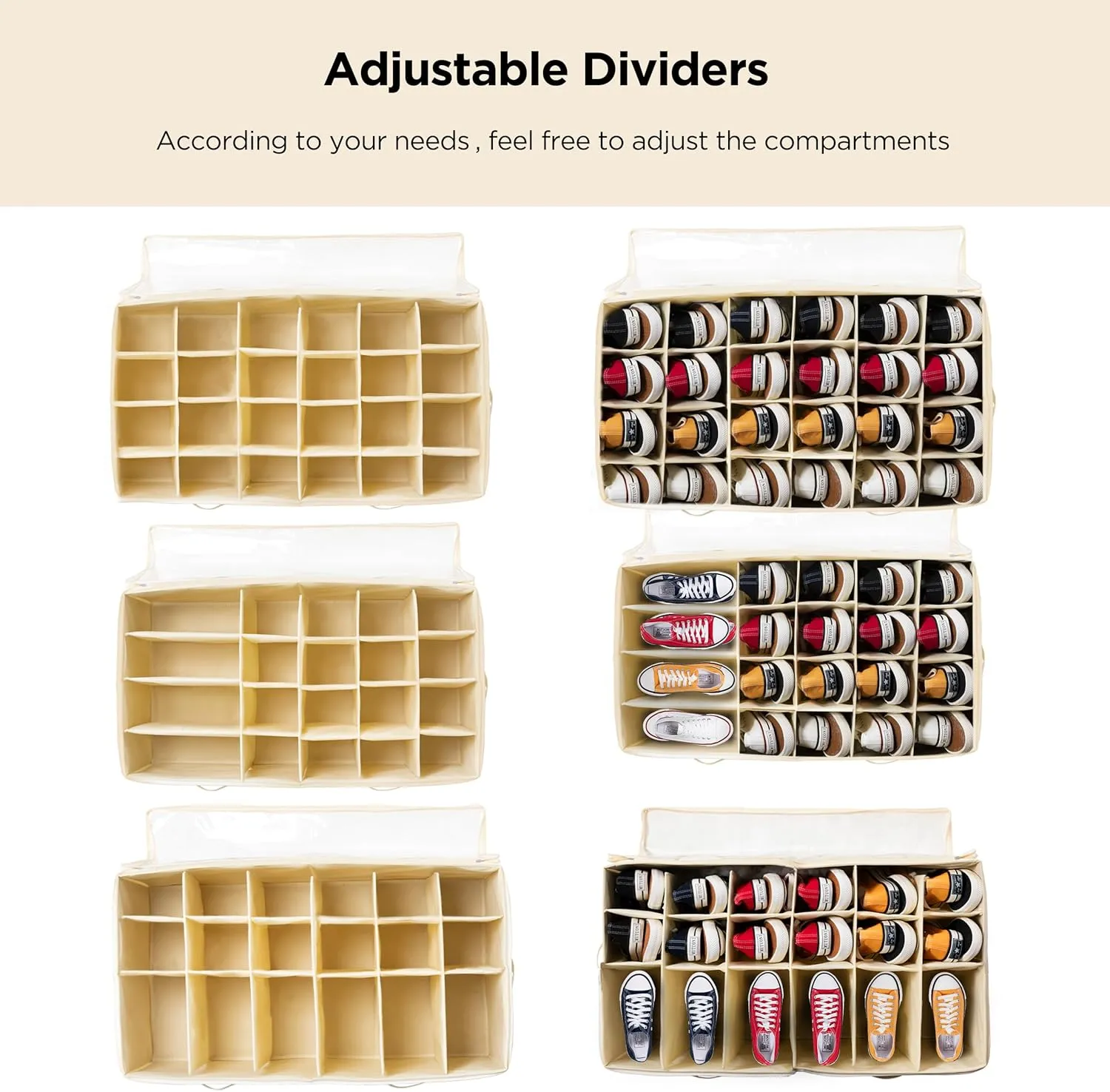 HBlife 2 Pack Shoe Organizer for Closet Large Foldable Shoe Storage Box Bin Containers with Clear Cover and Adjustable Dividers, Stackable Space Saving Shoes Holder, Fits 24 Pairs(Beige)