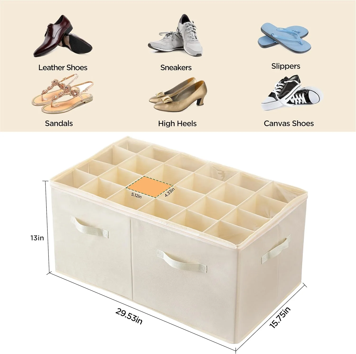 HBlife 2 Pack Shoe Organizer for Closet Large Foldable Shoe Storage Box Bin Containers with Clear Cover and Adjustable Dividers, Stackable Space Saving Shoes Holder, Fits 24 Pairs(Beige)