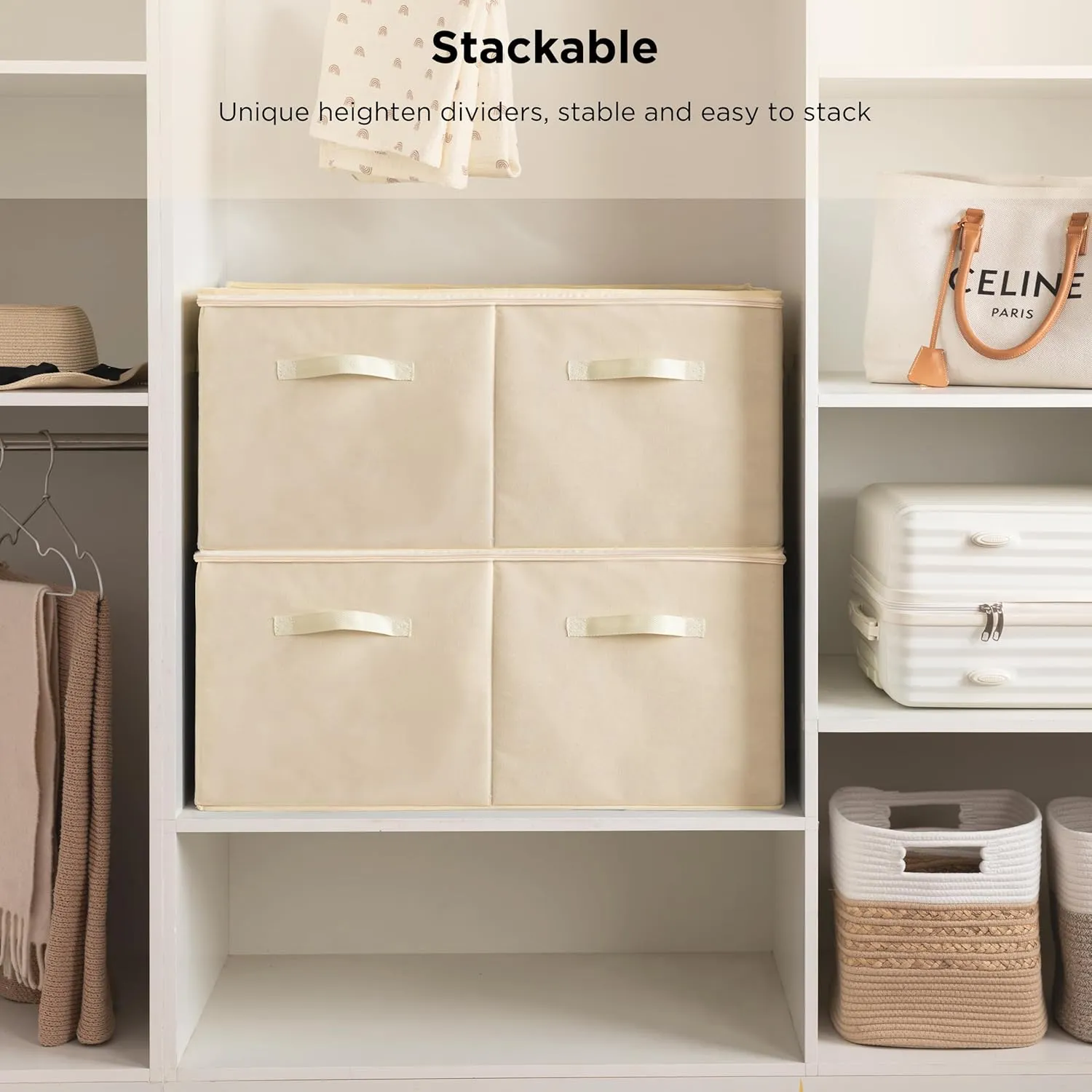 HBlife 2 Pack Shoe Organizer for Closet Large Foldable Shoe Storage Box Bin Containers with Clear Cover and Adjustable Dividers, Stackable Space Saving Shoes Holder, Fits 24 Pairs(Beige)
