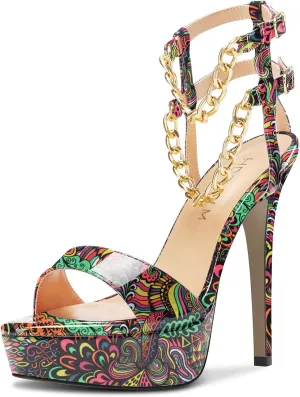HDEUOLM Women Stiletto High Platform Heel Peep Open Toe Sandals Ankle Strap Metal Chain Party Dress 4.7 Inches Heels