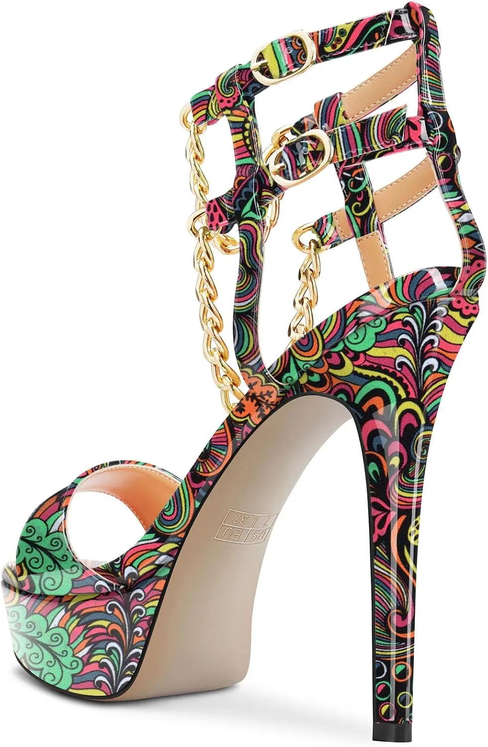 HDEUOLM Women Stiletto High Platform Heel Peep Open Toe Sandals Ankle Strap Metal Chain Party Dress 4.7 Inches Heels