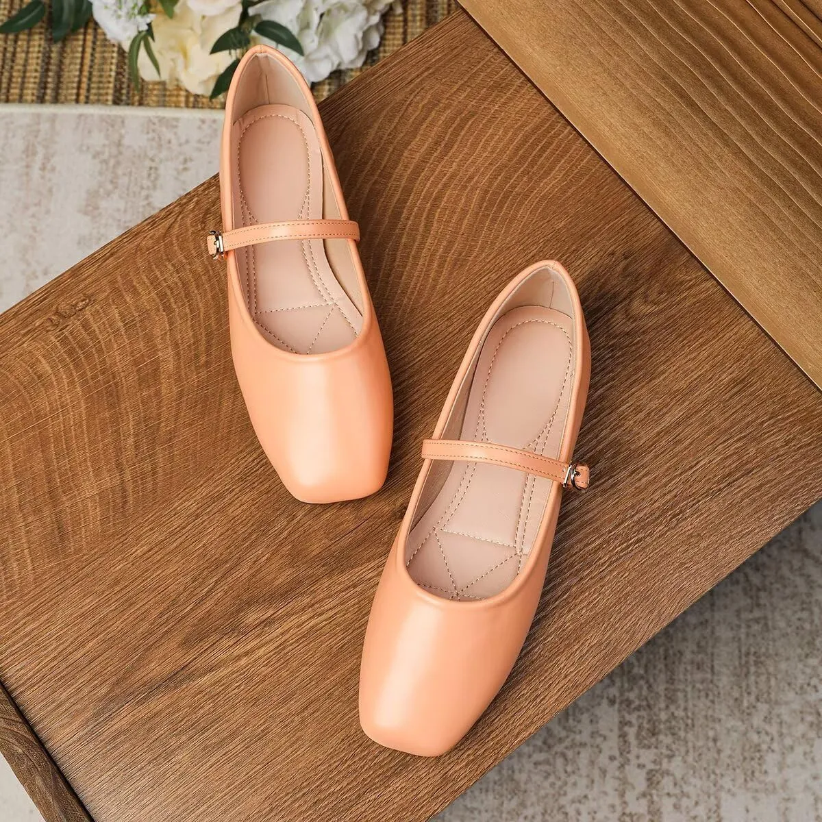 Hee grand Leather Mary Jane Flats Women Dressy Comfortable Square Toe Adjustable Buckle Strap Ballet Flats