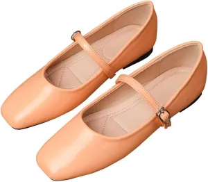 Hee grand Leather Mary Jane Flats Women Dressy Comfortable Square Toe Adjustable Buckle Strap Ballet Flats