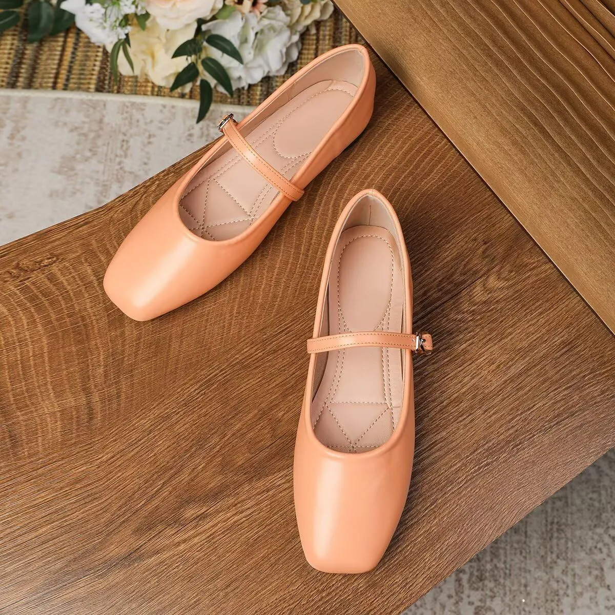 Hee grand Leather Mary Jane Flats Women Dressy Comfortable Square Toe Adjustable Buckle Strap Ballet Flats