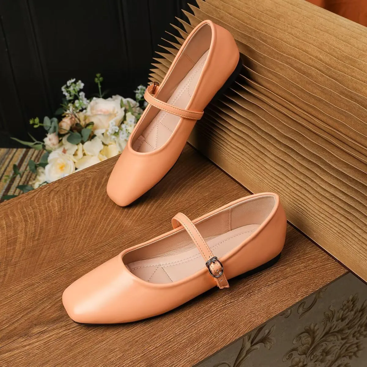 Hee grand Leather Mary Jane Flats Women Dressy Comfortable Square Toe Adjustable Buckle Strap Ballet Flats