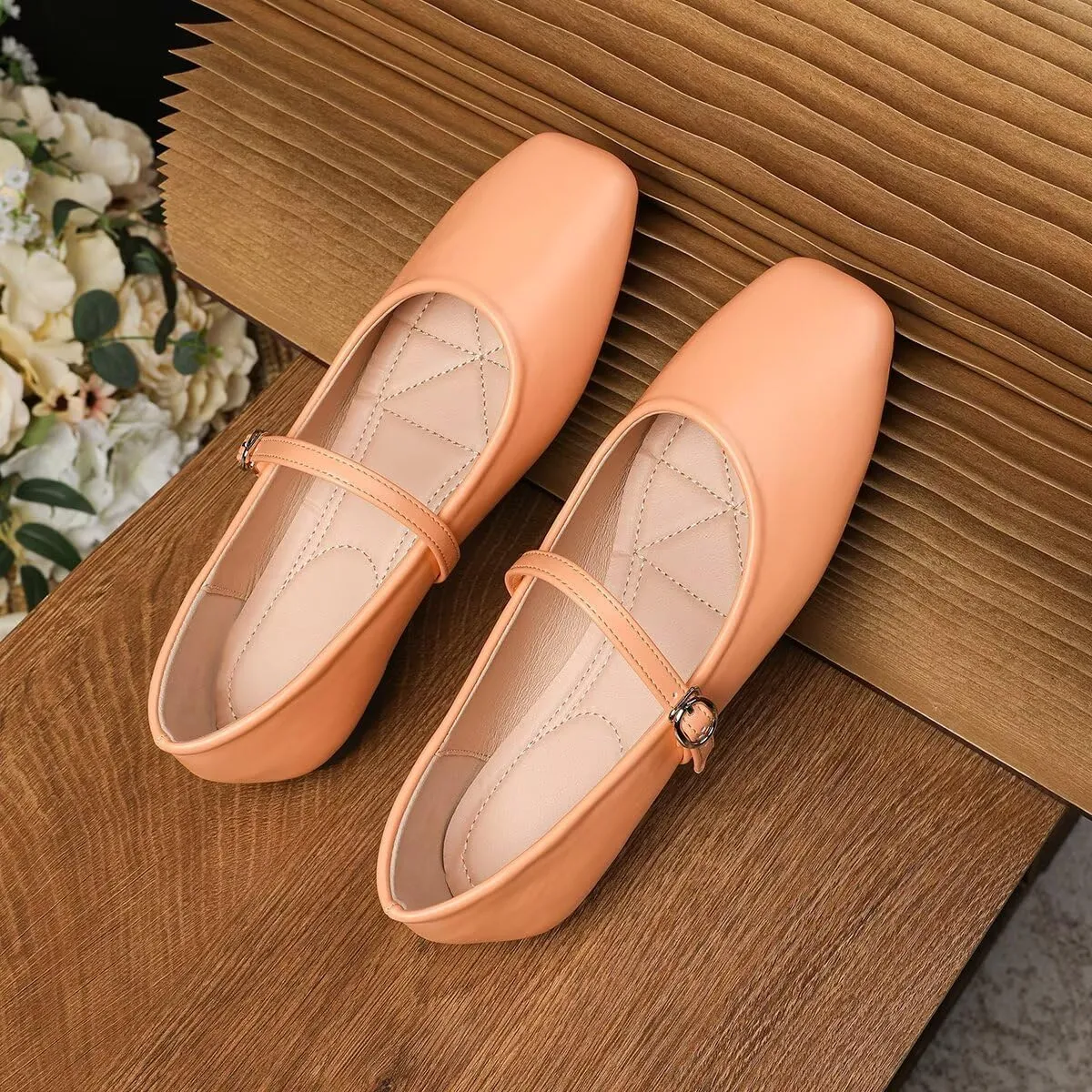 Hee grand Leather Mary Jane Flats Women Dressy Comfortable Square Toe Adjustable Buckle Strap Ballet Flats