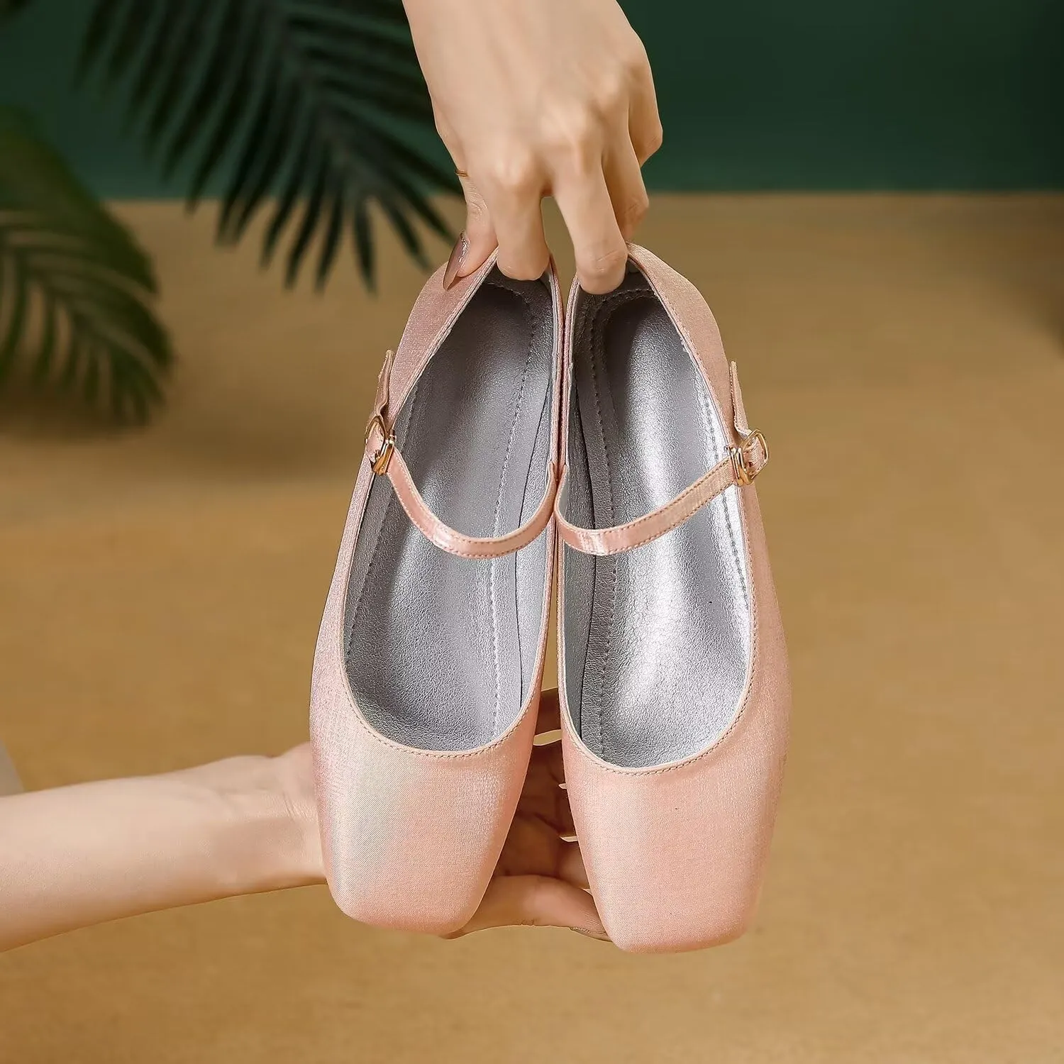Hee grand Mary Jane Shoes for Women Comfortable Square Toe Ballet Flats with Straps Satin Dress Shoes