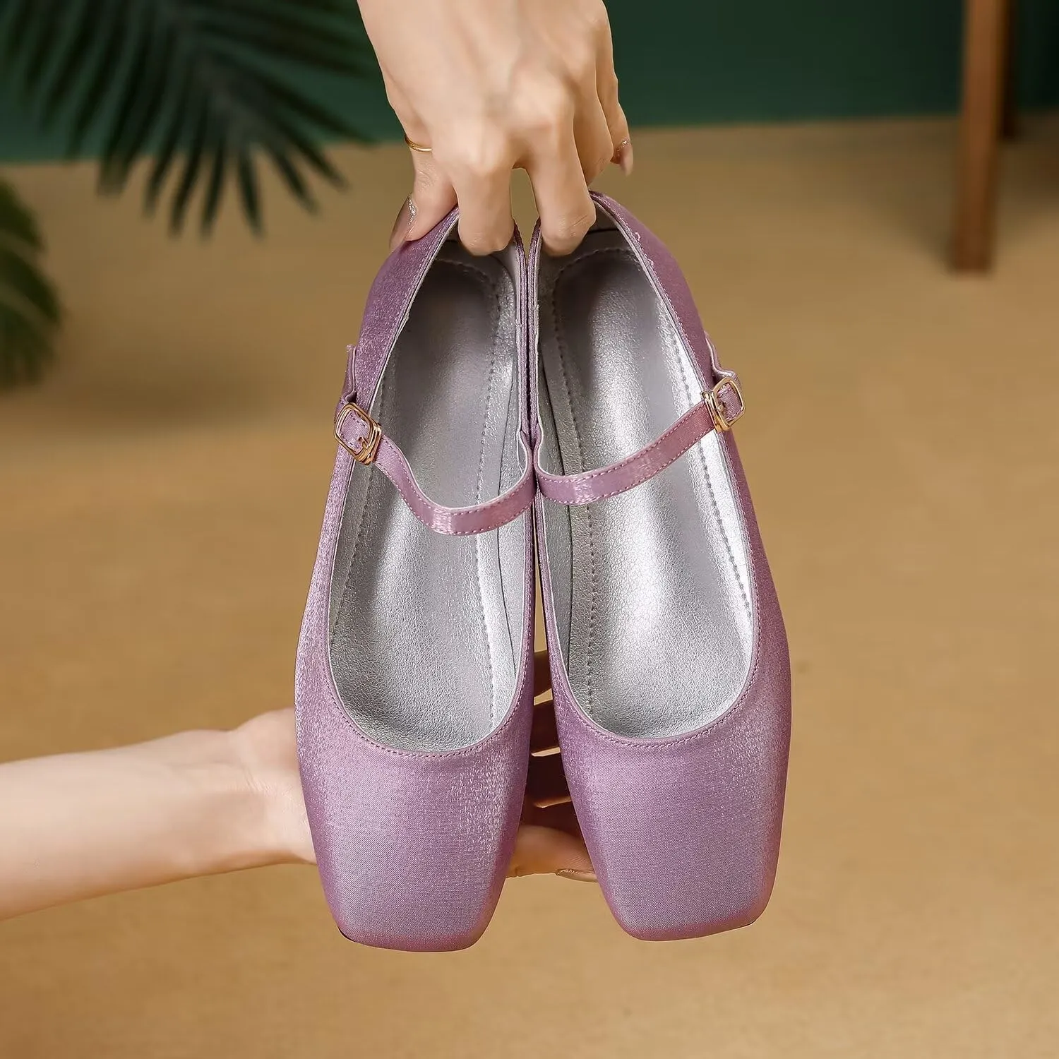 Hee grand Mary Jane Shoes for Women Comfortable Square Toe Ballet Flats with Straps Satin Dress Shoes