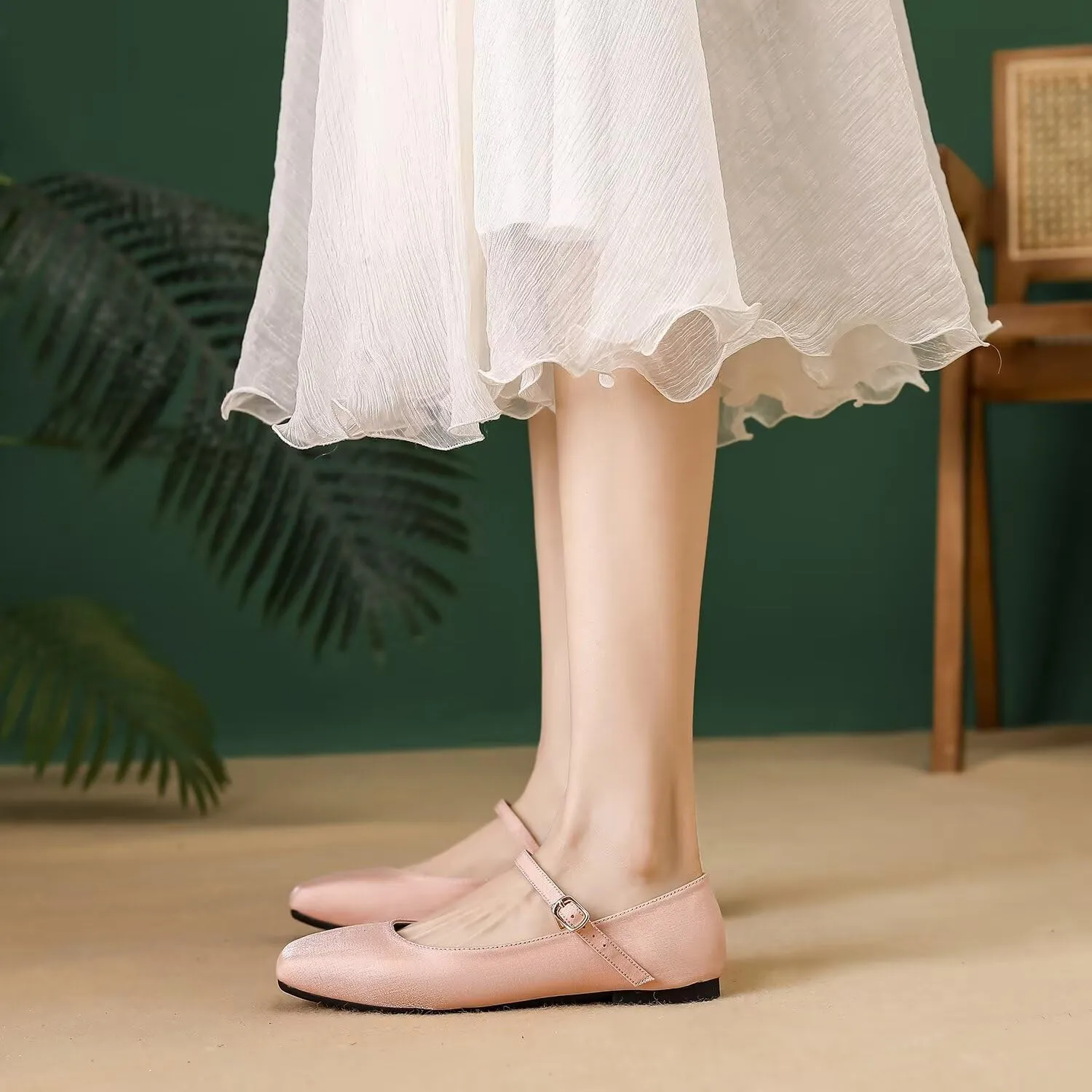 Hee grand Mary Jane Shoes for Women Comfortable Square Toe Ballet Flats with Straps Satin Dress Shoes