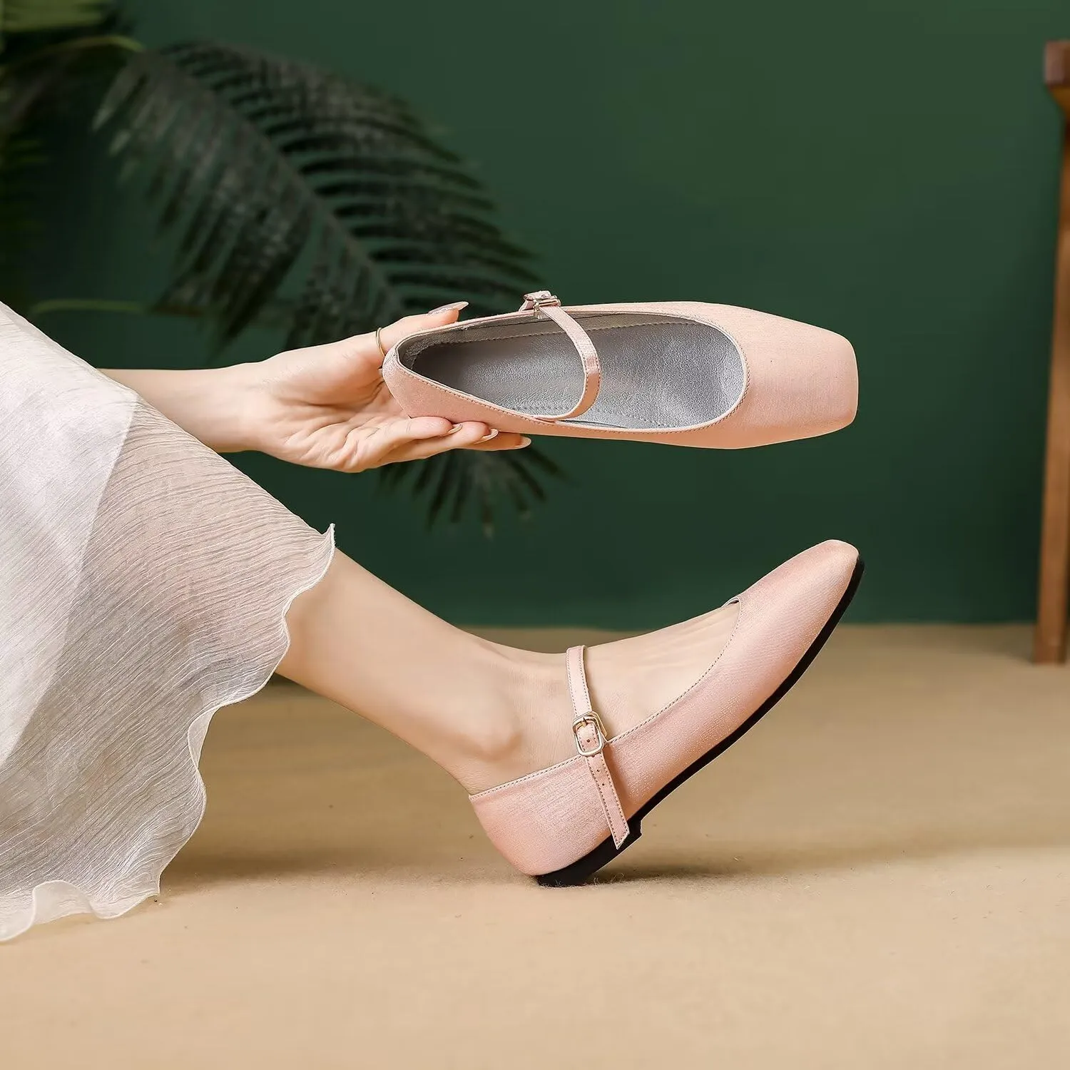 Hee grand Mary Jane Shoes for Women Comfortable Square Toe Ballet Flats with Straps Satin Dress Shoes