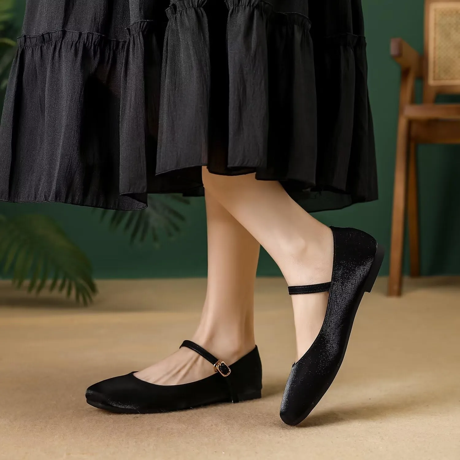 Hee grand Mary Jane Shoes for Women Comfortable Square Toe Ballet Flats with Straps Satin Dress Shoes