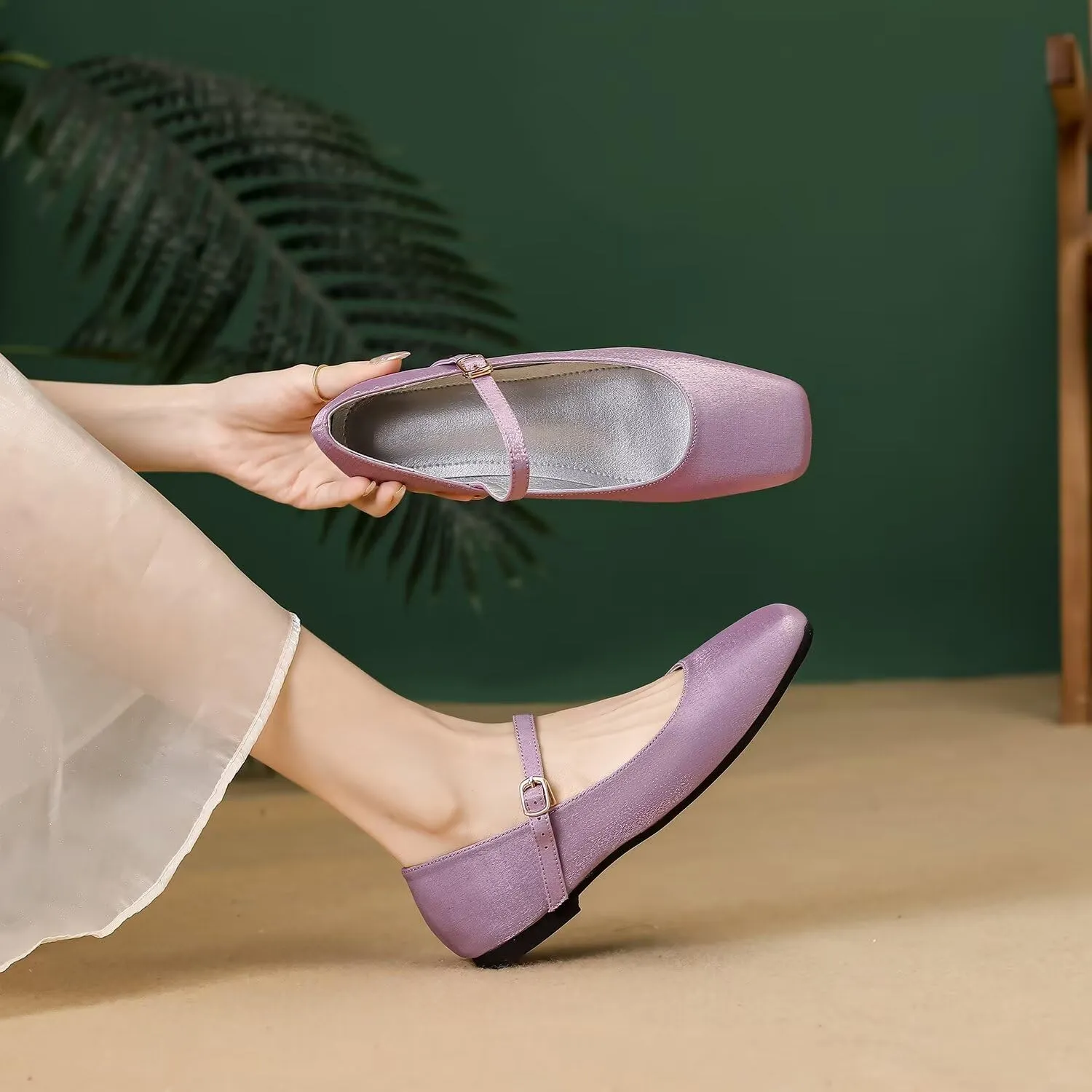 Hee grand Mary Jane Shoes for Women Comfortable Square Toe Ballet Flats with Straps Satin Dress Shoes