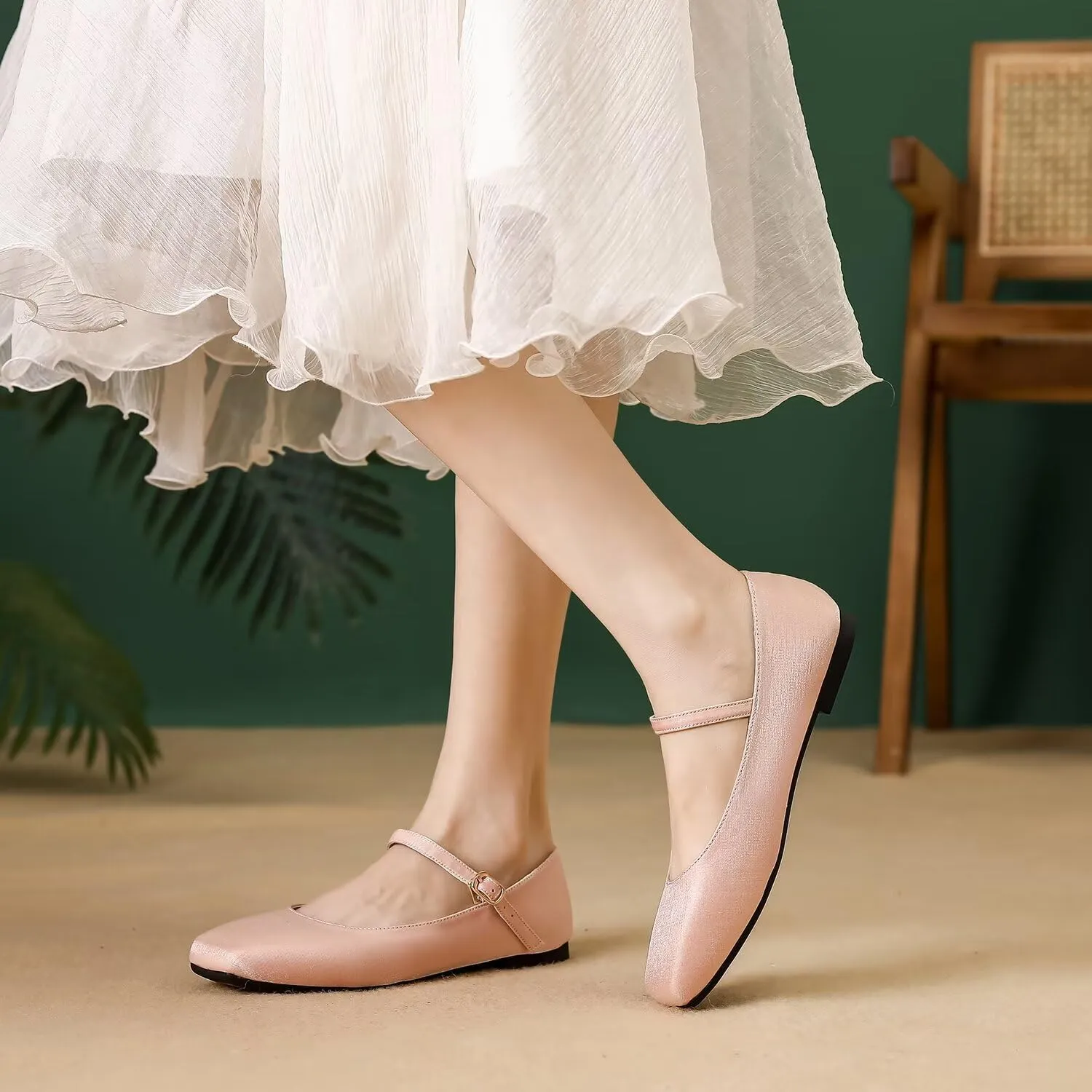 Hee grand Mary Jane Shoes for Women Comfortable Square Toe Ballet Flats with Straps Satin Dress Shoes