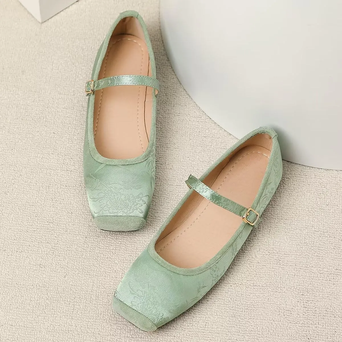 Hee grand Satin Embroidery Mary Jane Flats for Women Dressy Square Toe Ballet Flats with Ankle Strap Comfortable Walking Flats