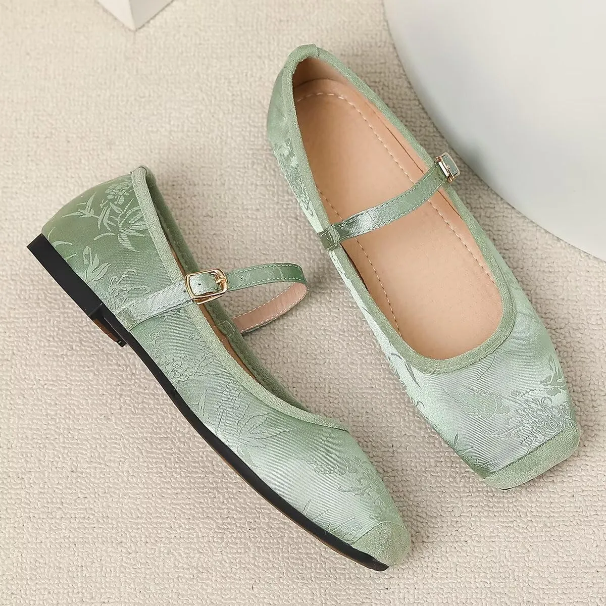 Hee grand Satin Embroidery Mary Jane Flats for Women Dressy Square Toe Ballet Flats with Ankle Strap Comfortable Walking Flats