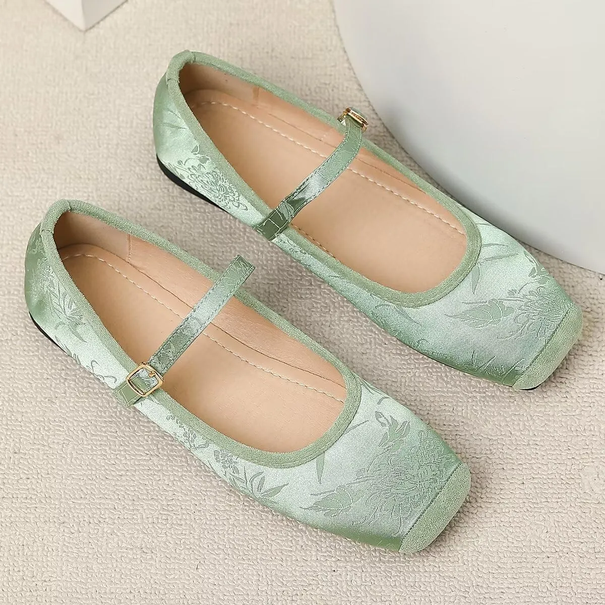 Hee grand Satin Embroidery Mary Jane Flats for Women Dressy Square Toe Ballet Flats with Ankle Strap Comfortable Walking Flats