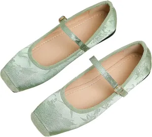 Hee grand Satin Embroidery Mary Jane Flats for Women Dressy Square Toe Ballet Flats with Ankle Strap Comfortable Walking Flats