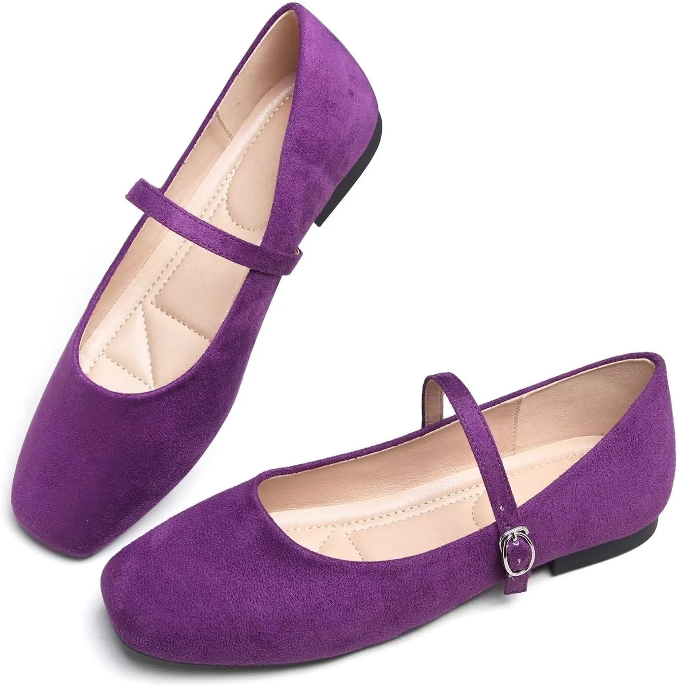 Hee grand Velvet Mary Jane Flats for Women Dressy Comfortable Square Toe Ballet Flats with Buckle Strap Retro Mary Jane Shoes