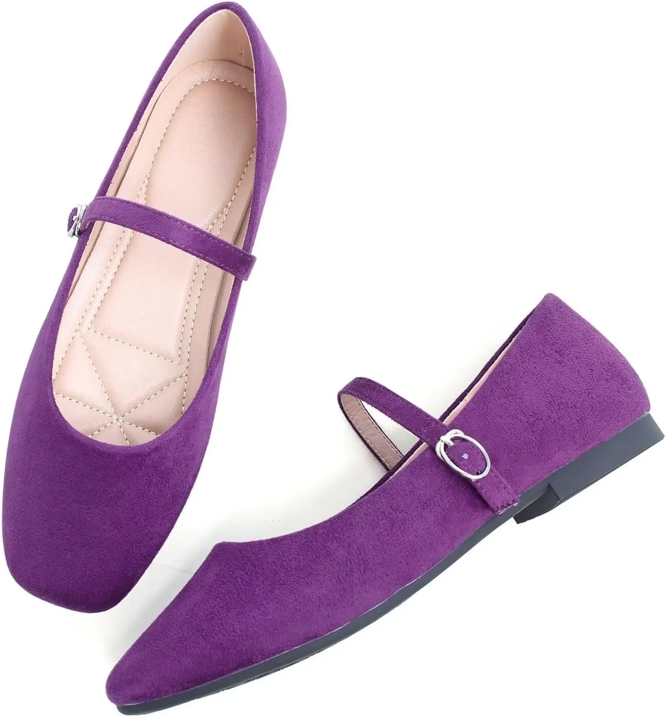 Hee grand Velvet Mary Jane Flats for Women Dressy Comfortable Square Toe Ballet Flats with Buckle Strap Retro Mary Jane Shoes