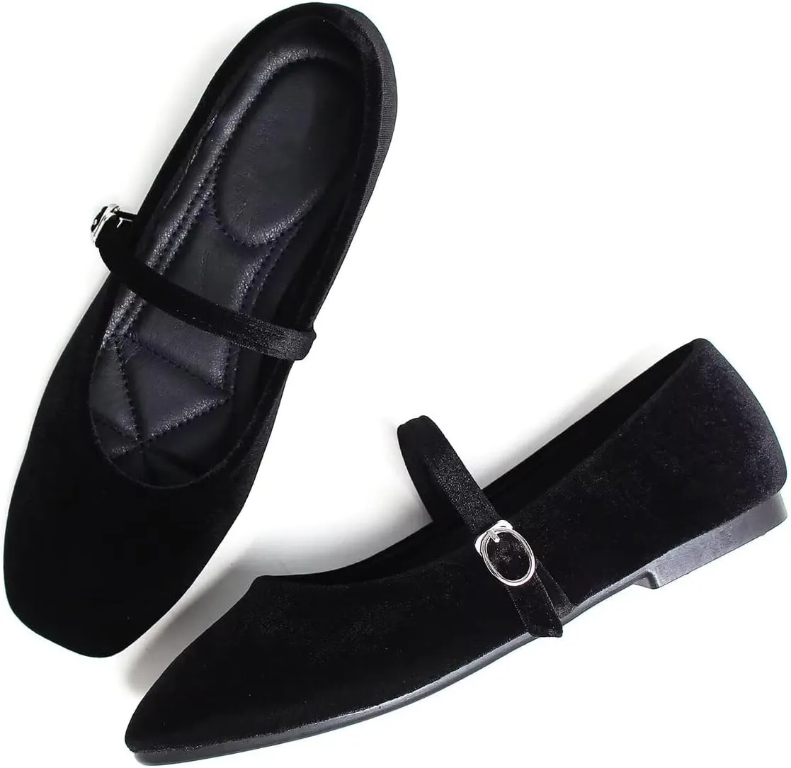 Hee grand Velvet Mary Jane Flats for Women Dressy Comfortable Square Toe Ballet Flats with Buckle Strap Retro Mary Jane Shoes