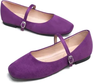 Hee grand Velvet Mary Jane Flats for Women Dressy Comfortable Square Toe Ballet Flats with Buckle Strap Retro Mary Jane Shoes