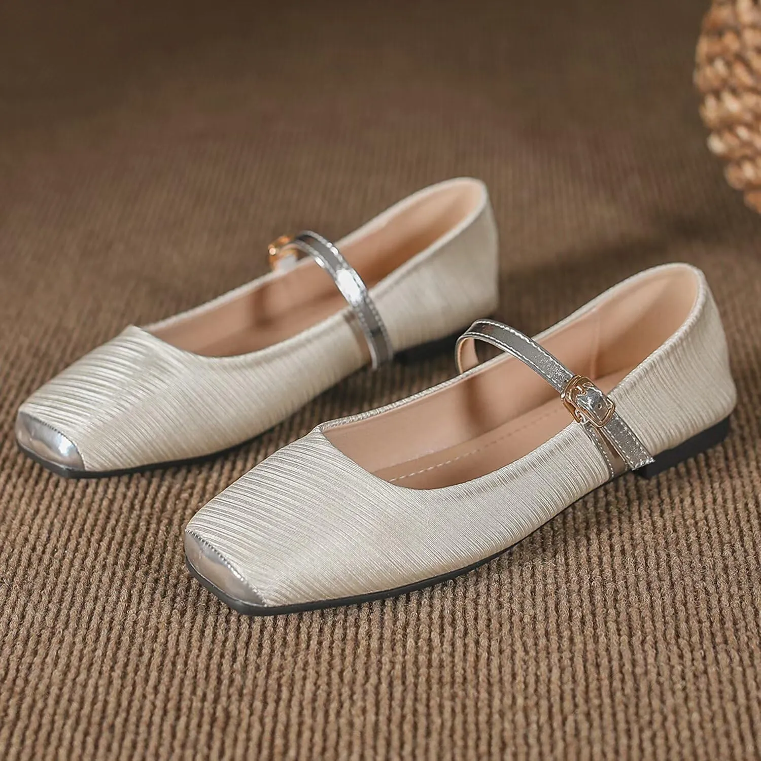 Hee grand Women Mary Jane Flats Shoes Square Toe Satin Dress Shoes Comfortable Casual Ballet Flats