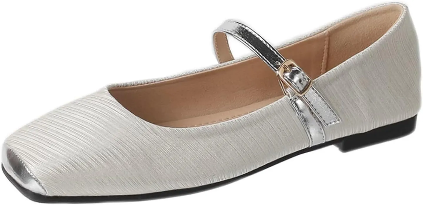 Hee grand Women Mary Jane Flats Shoes Square Toe Satin Dress Shoes Comfortable Casual Ballet Flats