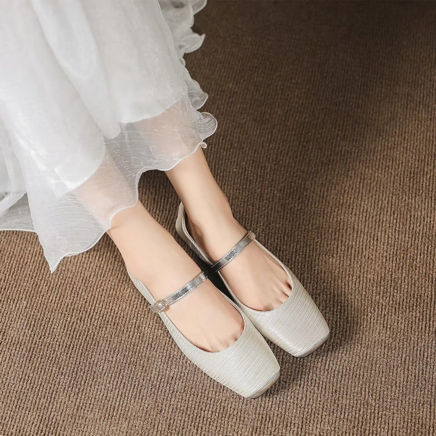 Hee grand Women Mary Jane Flats Shoes Square Toe Satin Dress Shoes Comfortable Casual Ballet Flats