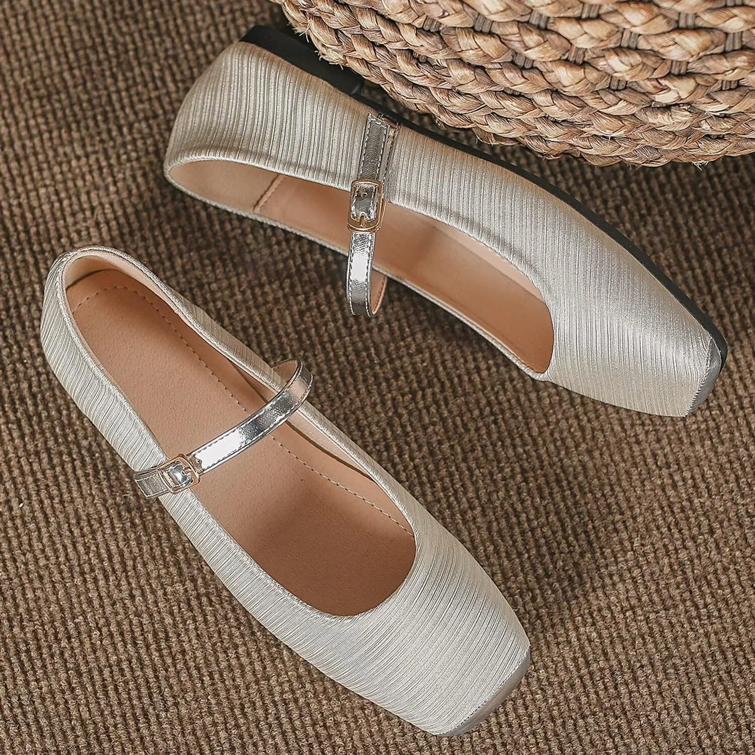 Hee grand Women Mary Jane Flats Shoes Square Toe Satin Dress Shoes Comfortable Casual Ballet Flats