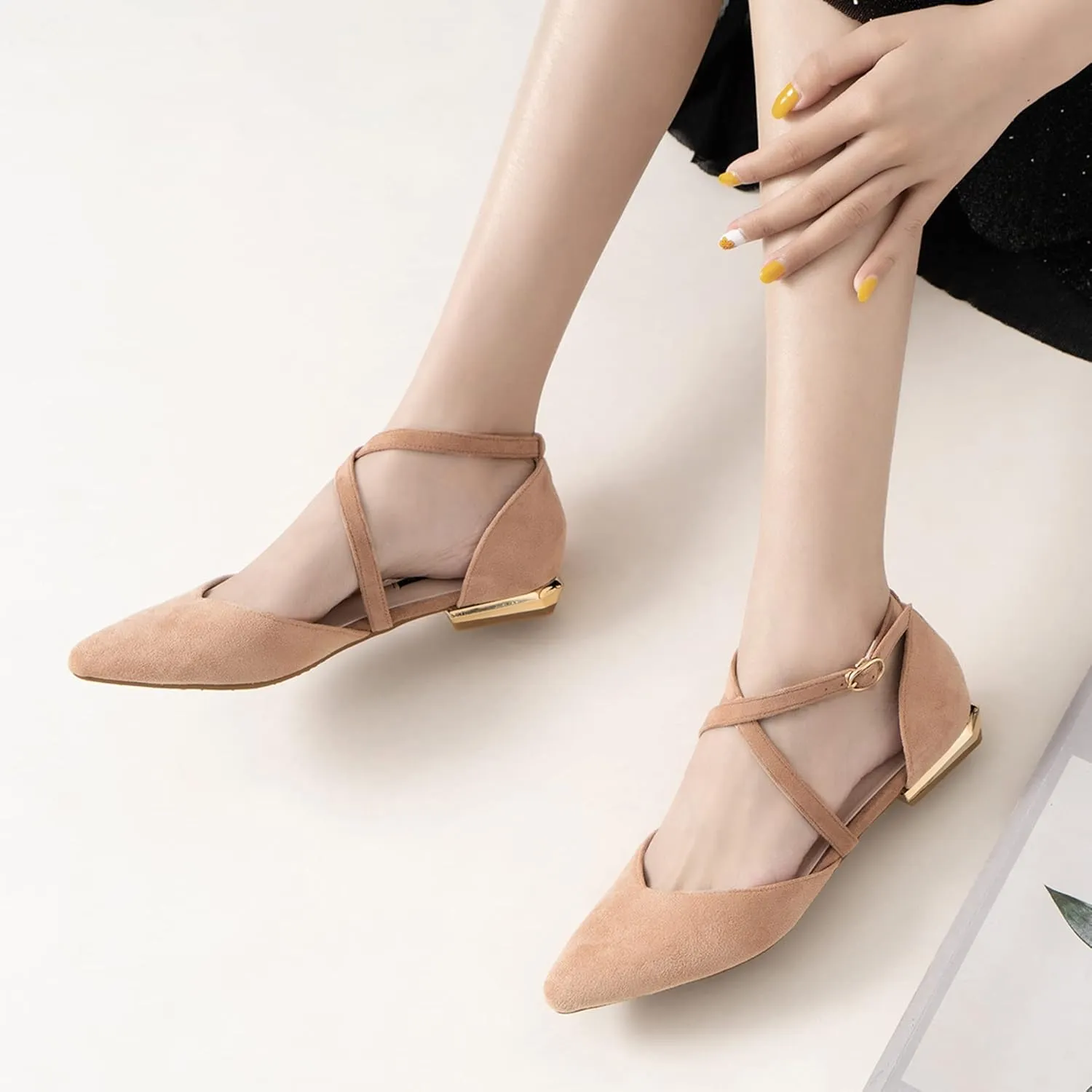 Hee grand Women's Closed Pointed Toe Flats Ankle Strap Comfortable Low Heel Suede Dress Shoes Office Work Shoes Pumps