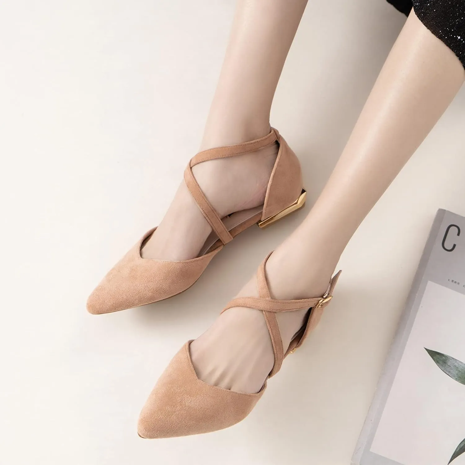 Hee grand Women's Closed Pointed Toe Flats Ankle Strap Comfortable Low Heel Suede Dress Shoes Office Work Shoes Pumps