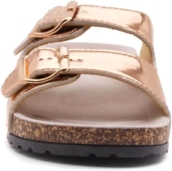 Herstyle Softey Womens Cork Footbed Sandals - Adjustable 2-Strap Comfort Slides | Slip On Open Toe Flat Sandals for Women | Summer Beach Casual Everyday Wear