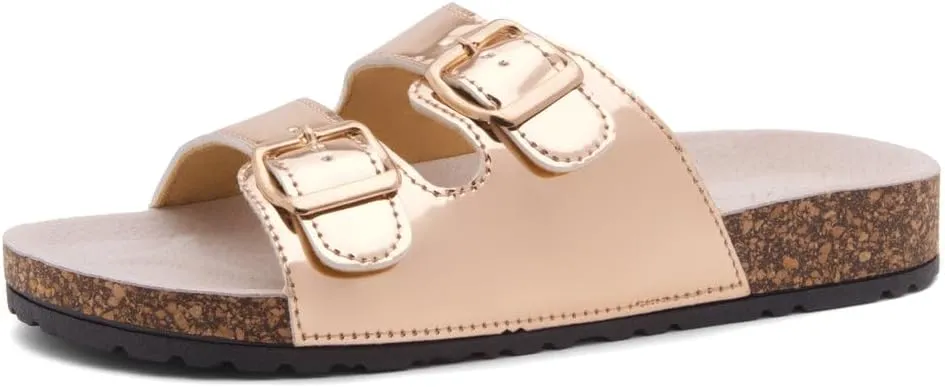 Herstyle Softey Womens Cork Footbed Sandals - Adjustable 2-Strap Comfort Slides | Slip On Open Toe Flat Sandals for Women | Summer Beach Casual Everyday Wear