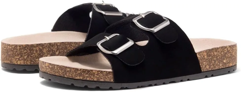 Herstyle Softey Womens Cork Footbed Sandals - Adjustable 2-Strap Comfort Slides | Slip On Open Toe Flat Sandals for Women | Summer Beach Casual Everyday Wear
