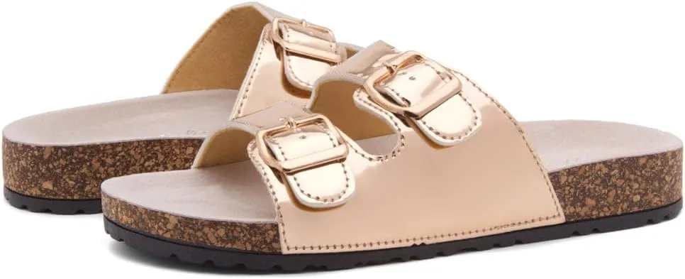 Herstyle Softey Womens Cork Footbed Sandals - Adjustable 2-Strap Comfort Slides | Slip On Open Toe Flat Sandals for Women | Summer Beach Casual Everyday Wear