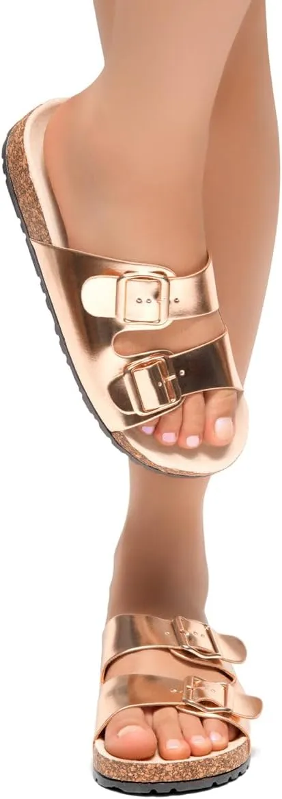 Herstyle Softey Womens Cork Footbed Sandals - Adjustable 2-Strap Comfort Slides | Slip On Open Toe Flat Sandals for Women | Summer Beach Casual Everyday Wear