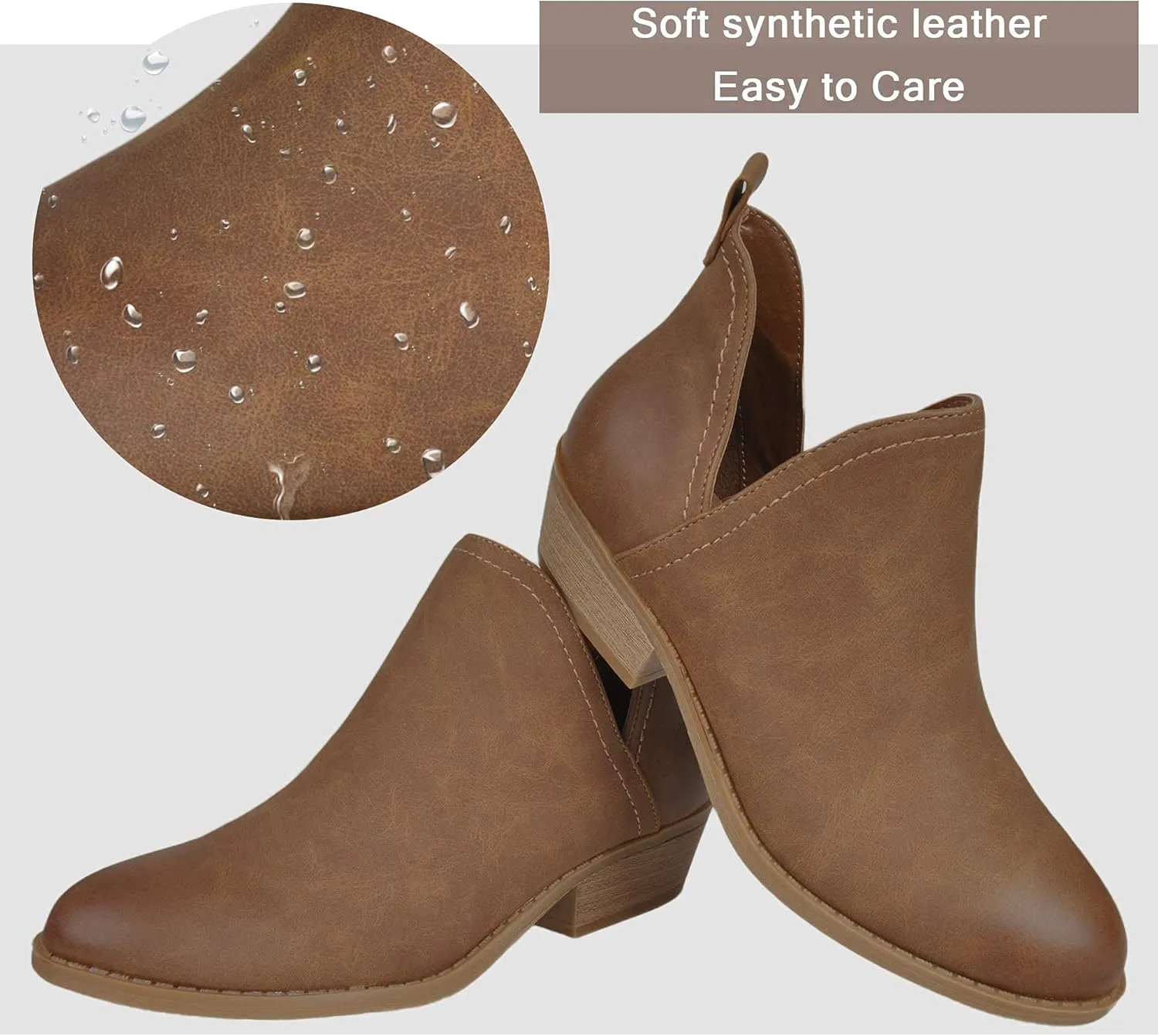 HOMEHOT Chunky Ankle Boots for Women Low Heel Almond Toe Western Shoes Cutout Chelsea Booties