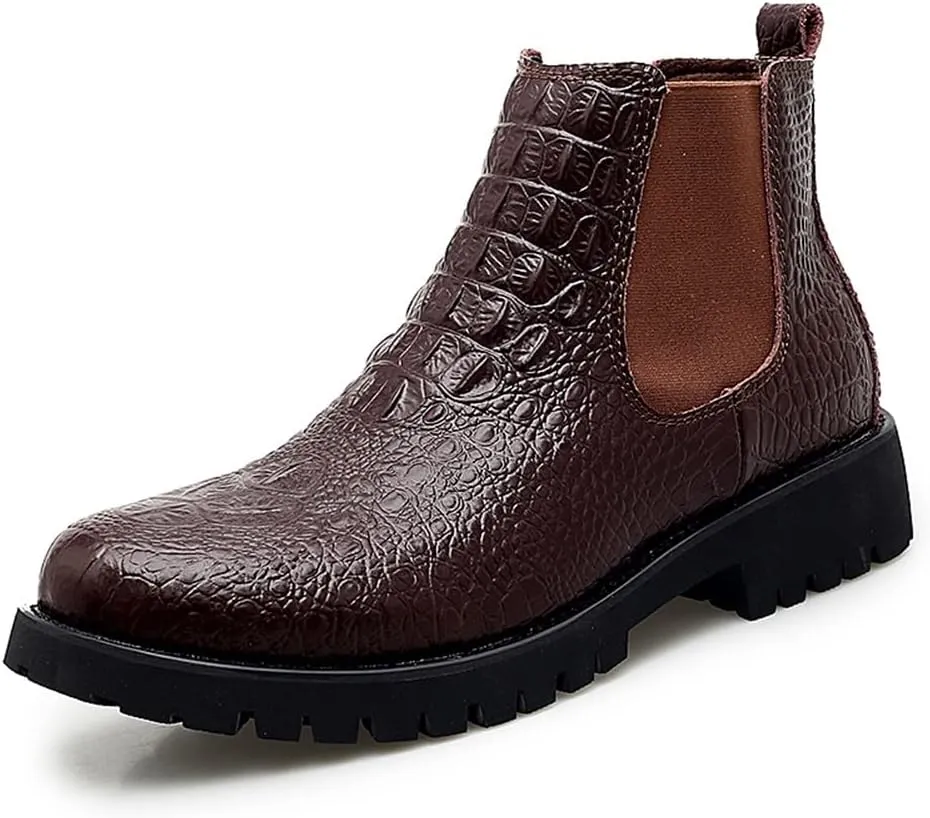 HOOENG Chelsea Boots for Men Crocodile Print Elastic Bandage Cowhide Leather Waterproof Slip on Wearable Non Slip Casual (Color : Brown, Size : 7)